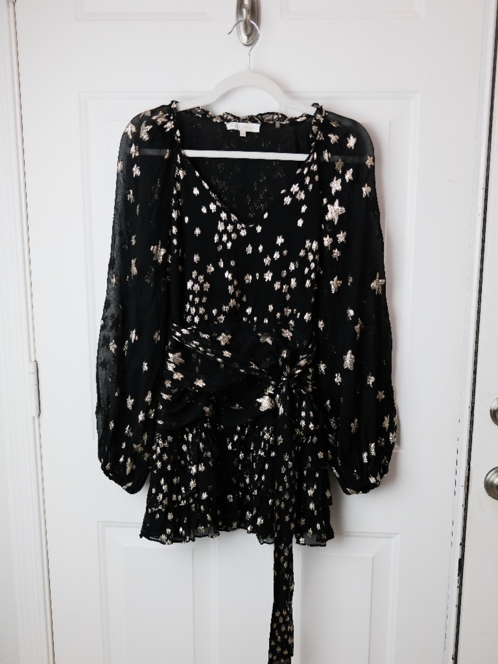 LoveShackFancy Women’s Size 2 Black Gold Metallic Star Print Mini Dress